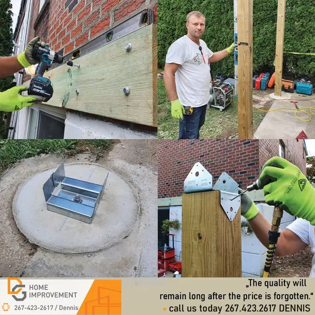 Deck build in progress: ledger board bolted to a brick wall, post base on a concrete footing and metal post brackets